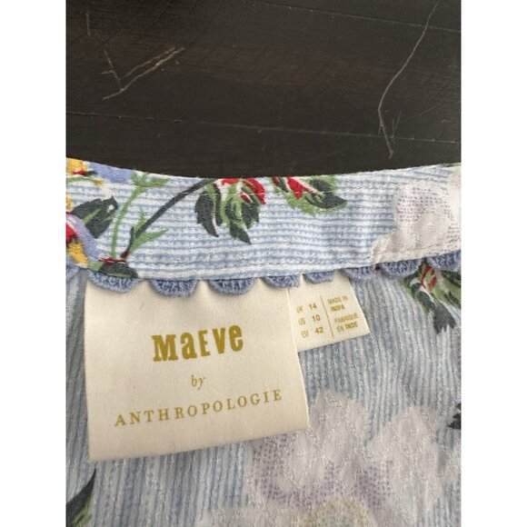 Anthropologie Maeve Sky Blue Stripe Floral Print Peasant Style Blouse Top Sz 10 - Picture 3 of 4